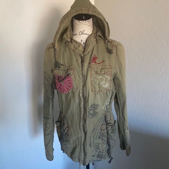 Desigual Distressed Embroidered Hooded Jacket Linen Blend Utility Boho Military - Picture 2 of 14